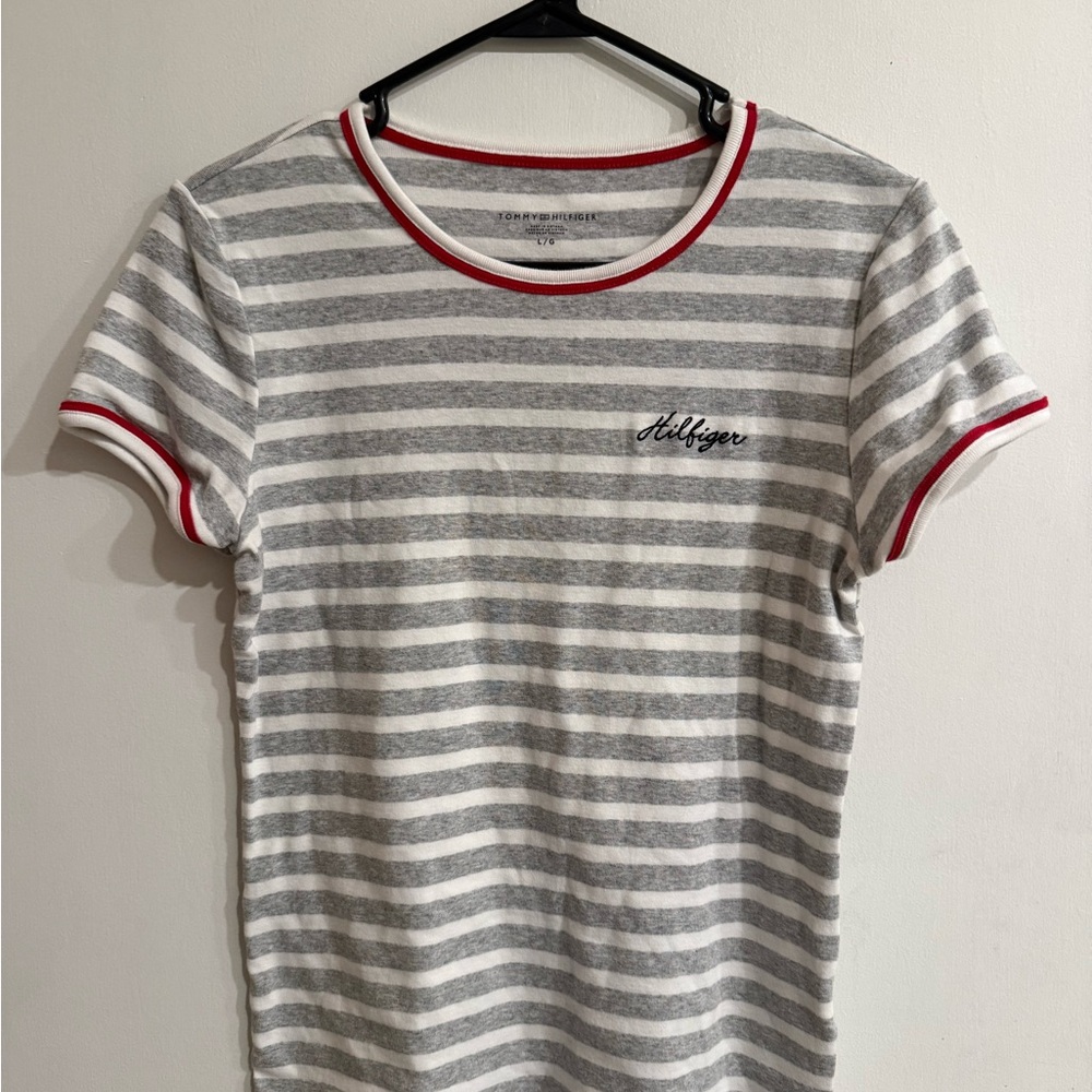 Tommy Hilfiger Red, Gray, and White Striped Tee